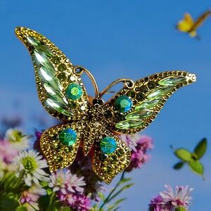 Rhinestone Peridot Butterfly Brooch
